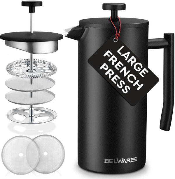 Belwares French Press Coffee Maker 50 OZ - Large Insulated Stainless Steel 304 Coffee Press with Double Wall