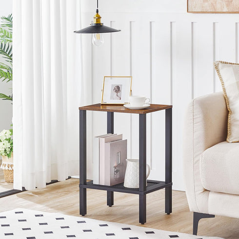 2-Tier BF91BZ01 HOOBRO End Table, Small Side Table with Storage Shelves, Nightstand with Faux Rattan Decoration