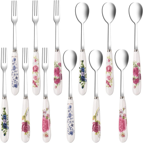 12 Pieces Forks and Spoons with Ceramic Handle, Stainless Steel Utensils Set for Home & Restaurant