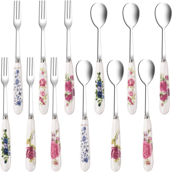 12 Pieces Forks and Spoons with Ceramic Handle, Stainless Steel Utensils Set for Home & Restaurant
