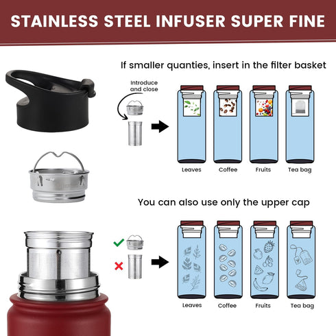Tea Infuser Bottle - 22 Oz Fruit Infuser Water Bottle, Triple Walled Insulated Stainless Steel with 3 Lids