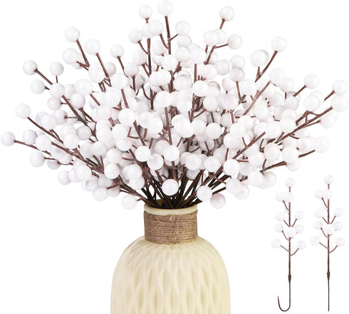 Vellibring 32 Pack Artificial White Berry Stems, Christmas White Berries Picks Holly Berry
