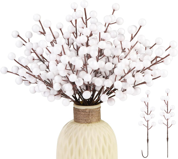 Vellibring 32 Pack Artificial White Berry Stems, Christmas White Berries Picks Holly Berry