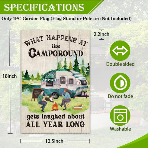 What Happens at Campground Get Laughed Garden Flag, 12 x 18 Inch Holiday Yard Outdoor Farmhouse Lawn Decoration Flag, RV Campground Bonfire Camping Party Decor, Camper Flags for Campsite
