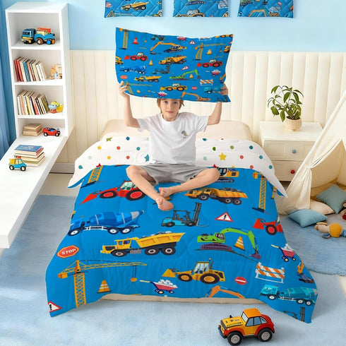 Set Set 1 Feelyou Construction Comforter Boys Twin Size Blue Excavator Bedding with Pillow Cases Kids Trucks Comforter