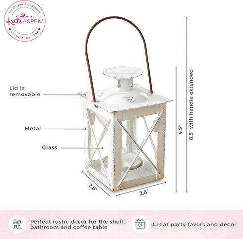 Kate Aspen Vintage Tea Light Candle Holders - Luminous Metal Mini Lantern, Distressed White