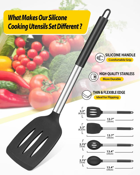 Pack of 4 Silicone Cooking Utensils Set, Non Stick Large Solid Spatulas, Heat Resistant Black Slotted Spoons, Ideal BPA Free Kitchen Turners for Frying, Mixing,Serving,Draining,Turning,Stirring by BUNDLEPRO