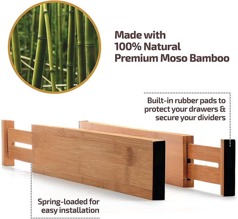 Large Bamboo Drawer Organizer - Expandable Kitchen Drawer Dividers (17" - 21.5") - 6 Pack Adjustable Separators