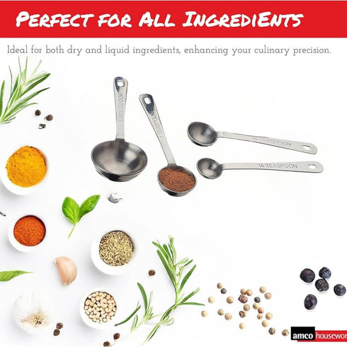 Amco Stainless Steel Measuring Spoons Set, 4-Piece, Stackable, Ergonomic Handles, Dishwasher Safe