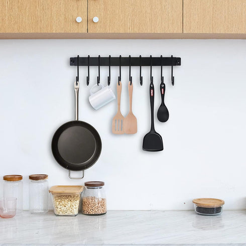Utensil Holder, Kitchen Rail with 10 Hooks, Wall Mounted Wrought Iron Hanging Utensil Holder Rack, 17 Inch for Coffee