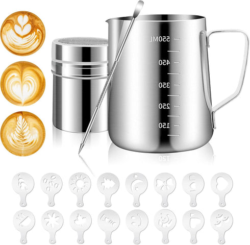 Stainless Steel Milk Frothing Pitcher 20oz/600ml - Milk Jug Cup for Cappuccino Coffee Stencils, Latte Art with 16