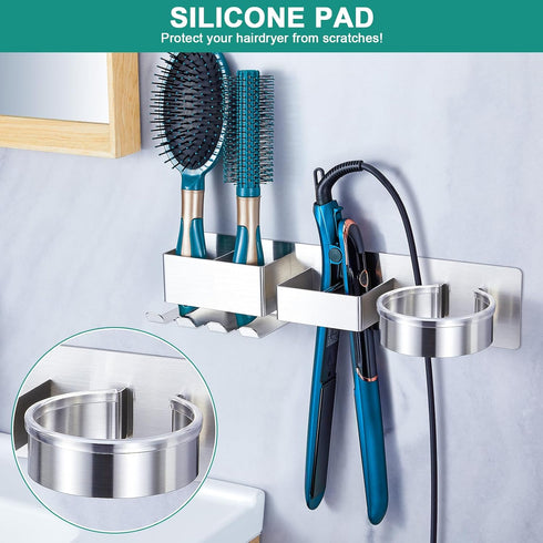 Wall Mounted Hair Dryer Holder, Hair Tool Organizer for Bathroom, Adhesive Stainless Steel Hair Dryer Hanger