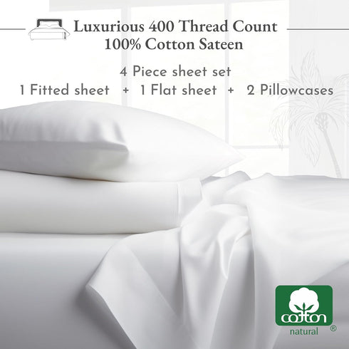 California Design Den Queen Size Bed Set, 400 Thread Count 100% Cotton Cooling Sheets, Deep Pocket, White