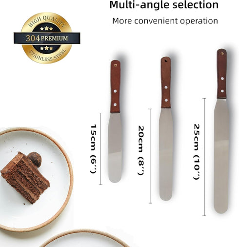 Straight Icing Spatula Baking Set of 6", 8" & 10" Wooden Handle Cake Decorating Frosting Spatulas