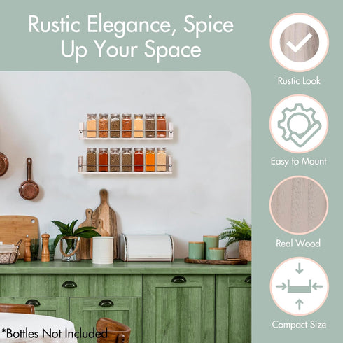 Farmhouse Kitchen Decor Wall Mounted Spice Rack, 2 Shelves in Washed White for Wooden Spice Storage