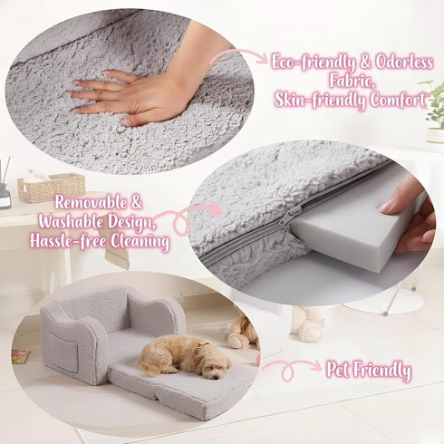 2-in-1 Cozy MOMCAYWEX Kids Sofa, Flip-Out Foam Couch with Soft Sherpa Cover, Play Lounge Chair, Grey