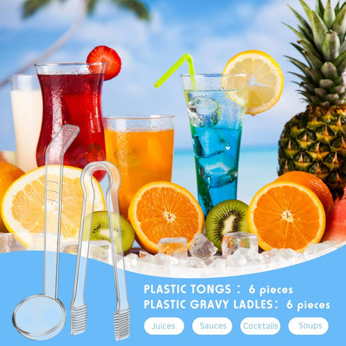 Domensi 12 Pieces Small Ladles Set, 6 Pcs Clear Plastic Tongs and 6 Pcs 1 oz Small Gravy Ladles for Kitchen Buffet