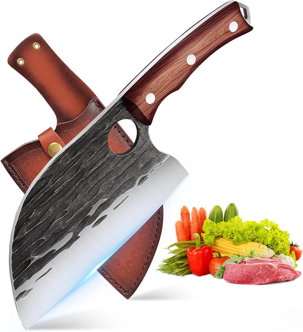 ROCOCO 6.5" Serbian Chef Knife, Full Tang Japanese Butcher Knife with Sheath for Kitchen, Outdoor BBQ, Camping Gift