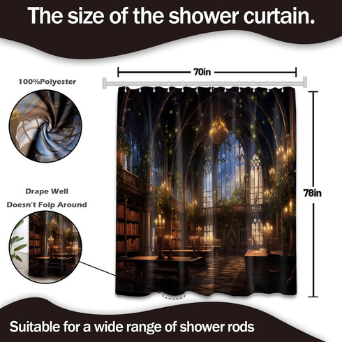 70" 78" Library Shower Curtain Bookshelf School Medieval Magic Book Bathroom Decor, Waterproof Fabric with Hooks W X L