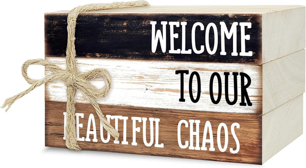 Ycyfckdr Decorative Wood Book Stack for Home, Welcome to Our Beautiful Chaos, Rustic