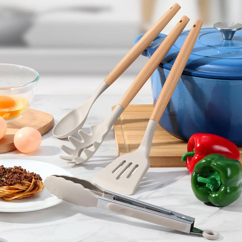 LIANYU 15-Piece Kitchen Cooking Utensils Set with Holder, Silicone Tools for Nonstick Cookware, Khaki
