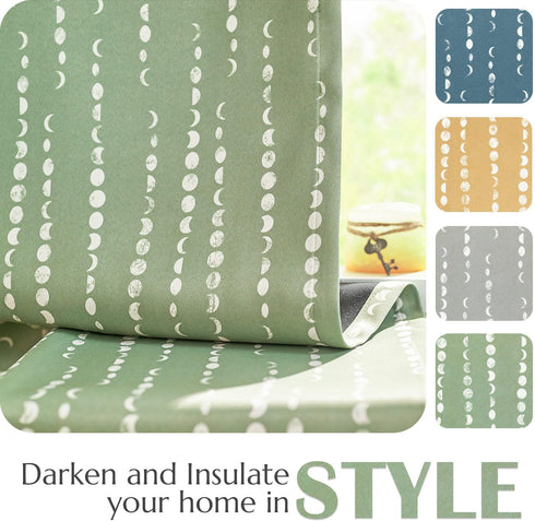 jinchan 95% 84 inch Set 2 Blackout Bohemian Moon Phase Print Bedroom Curtains Long sage Green Pole Pocket Rear tab