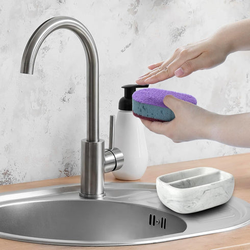 Countertop 2 MyGift Modern White Resin Sponge Holder for Kitchen Sink, Dish Sponge Holder with Compartments and Marble