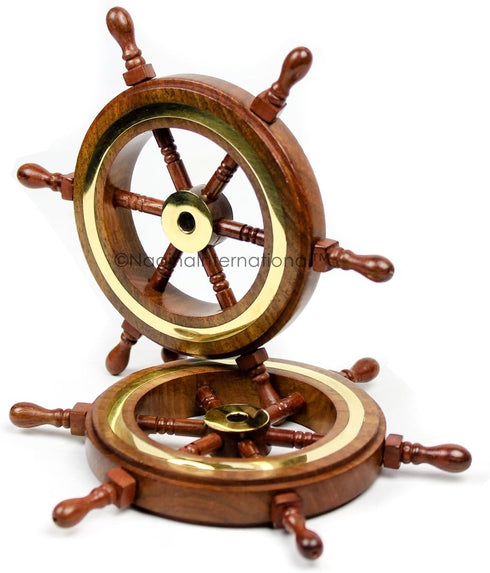 Nagina International 4" Small Rosewood Crafted Brass Ring Ship Wheel, Nautical Decor Steering Wheel