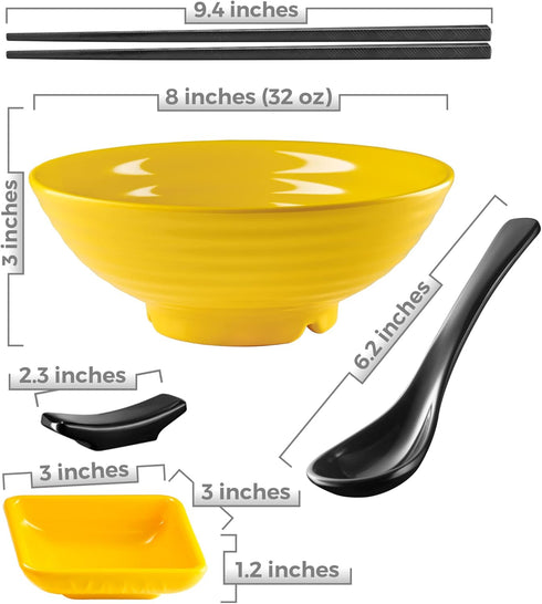 Unbreakable Ramen Bowl Set with Chopsticks and Spoon: 2 large Japanese Style Melamine Ramen Bowls, Dipping Bowls and Chopstick Stands for Asian Pho Soup Thai Miso Udon Wonton (2 Bowl Set, Yellow) by Practimondo