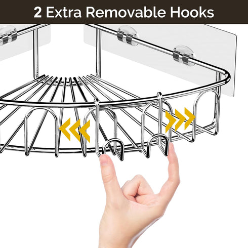 Orimade Corner Shower Caddy - Stainless Steel Wall Mounted Bathroom Shelf Organizer with Hooks, 2 Pack, Silver