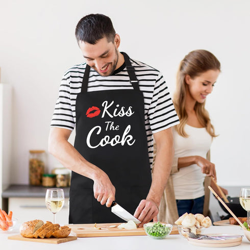 Funny Aprons for Women Men - Kiss the Cook Apron, Funny Chef Cooking BBQ Grill Aprons with 2 Pockets, Gift for Mom, Dad