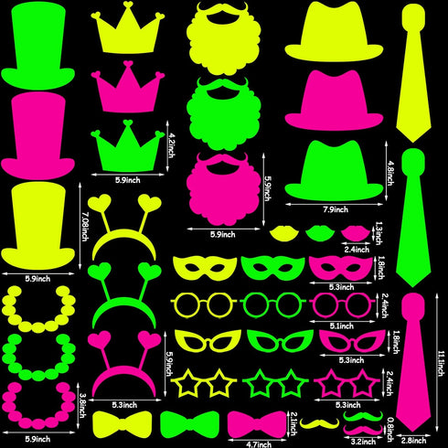 Skylety 42 Pcs Neon Photo Booth Props, Fully Assembled Colorful Fluorescent Paper for Birthday, Wedding, Halloween,