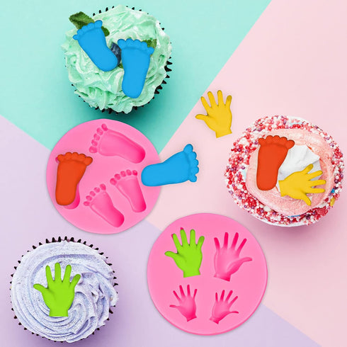 Whaline Silicone 3D Baby Feet Hands Mold, Pink Chocolate Fondant Mould for Baby Shower Decoration, 2pcs