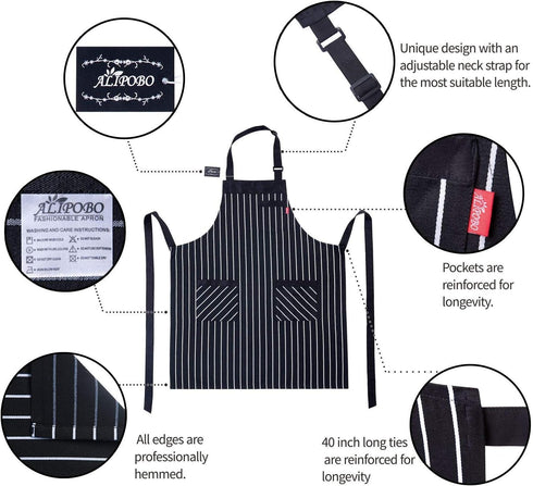 Aprons for Women and Men - Kitchen Chef Apron with 3 Pockets, Adjustable Bib Apron, 32" x 28" - Black/White