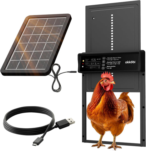 Okkobi Automatic Chicken Coop Door Solar Powered - LCD Display - Chicken