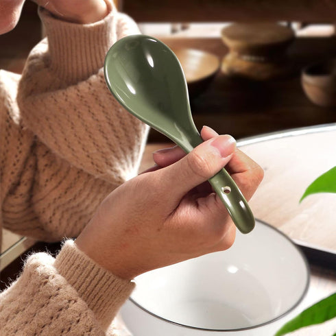 Green Ceramic Soup Spoons Set of 6 - 6.75 Inch Ramen Spoons for Cereal, Noodles, Stews, Dishwasher Safe