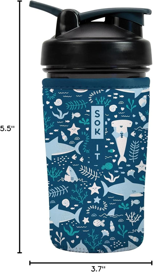 24oz Sok It BotlSok Protein Blender Shaker Bottle Sleeve Insulated Neoprene Cover (Happy Sharks, Fits Blender)
