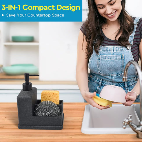 3 1 Countertop Dish Soap Dispenser with Sponge Holder,Liquid Hand and Dish Soap Dispenser and Spong Caddy with Brush