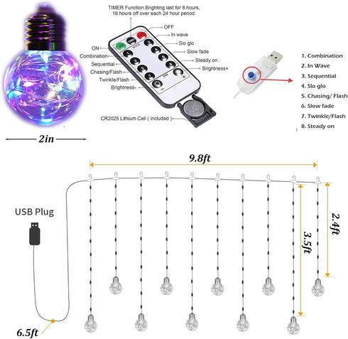 8 200 Decorman Wishing Ball Curtain Lights, Modes LED Window USB Fairy Firefly Twinkle Globe Timer String Lights