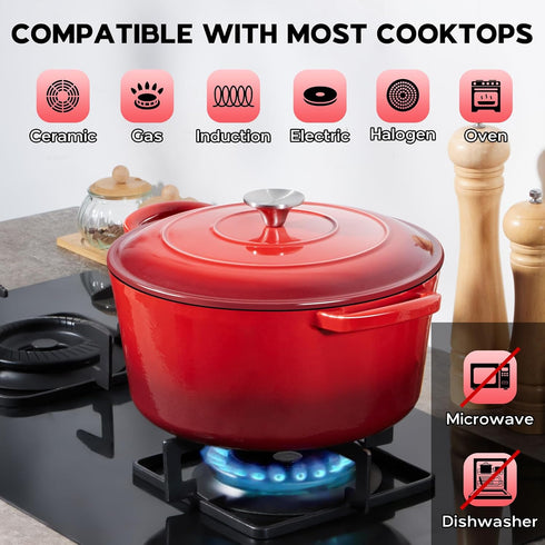 5QT Onader Enameled Cast Iron Dutch Oven, Round Dutch Oven Pot with Lid for Sourdough Bread Baking - Red