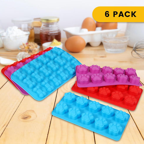 6PCS Silicone Molds Puppy Dog Paw and Bone, Non-Stick Chocolate Molds for Baking, Candy, Pudding, Jelly