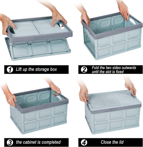 Phyllia Foldable Storage Boxes with Lids, 3 Pack Collapsible Plastic Bins, Stackable Utility Crates (Blue, 30L)