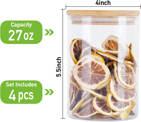 4 Pack Glass Storage Jars with Airtight Bamboo Lid - 27 OZ Kitchen Canisters for Coffee, Dry Goods, Spices
