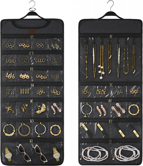 SMRITI Hanging Jewelry Organizer with Dual Zippered Pockets, Canvas Double Sided Rotating Hanger for Necklaces and