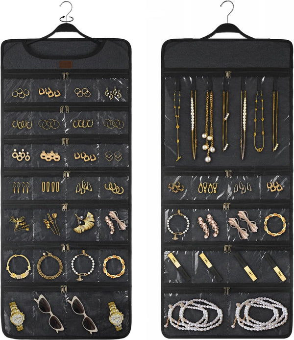 SMRITI Hanging Jewelry Organizer with Dual Zippered Pockets, Canvas Double Sided Rotating Hanger for Necklaces and