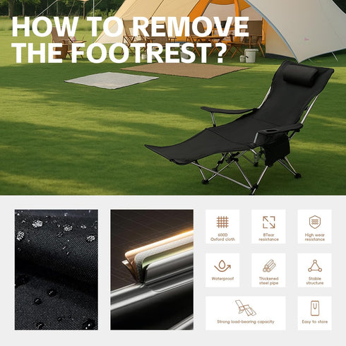 Reclining Camping Chair with Removable Footrest, Adjustable Camping Lounge Beach Chair with Padded Headrest, Cup Holder