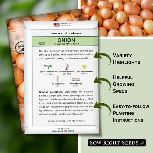 Packet Sow Right Seeds - Texas Early Grano Onion Seeds for Planting - Non-GMO Heirloom with Instructions to Plant a