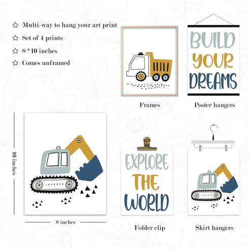 Set 4 8x10 Inches BearCake Construction Decor for Boys Room, Cartoon Excavator Truck Wall Art Poster Prints