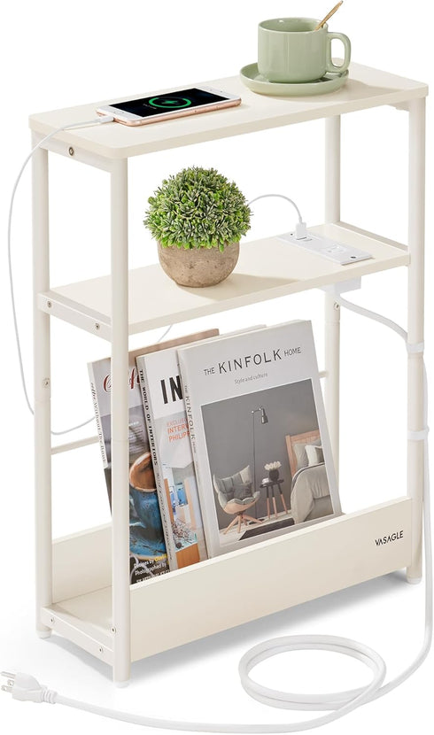 VASAGLE Side Table with Charging Station, Narrow End Table, 3-Tier Nightstand, Sofa