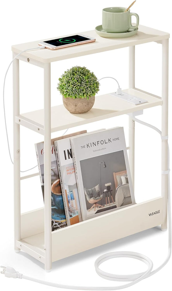 VASAGLE Side Table with Charging Station, Narrow End Table, 3-Tier Nightstand, Sofa